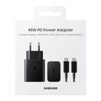 Оригинално бързо зарядно Samsung 45W, Super Fast Charging 2.0, USB-C 5A кабел 1.8m (EP-T4511XBEGEU), Черен